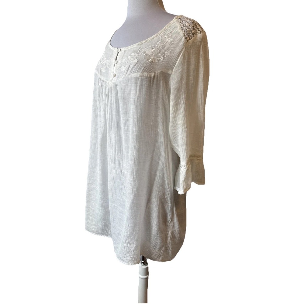 Boho Chic Sheer Embroidered‎ Floral Crochet Lace Crinkle Tunic Cover Up M Resort